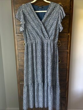Blue Printed Midi Dress with Flutter Sleeves, Size L
